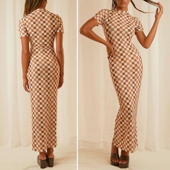 NWT Peppermayo Into The City Mesh Maxi Dress Cocoa Cream Check Womens Size 6 NEW - Picture 5 of 16